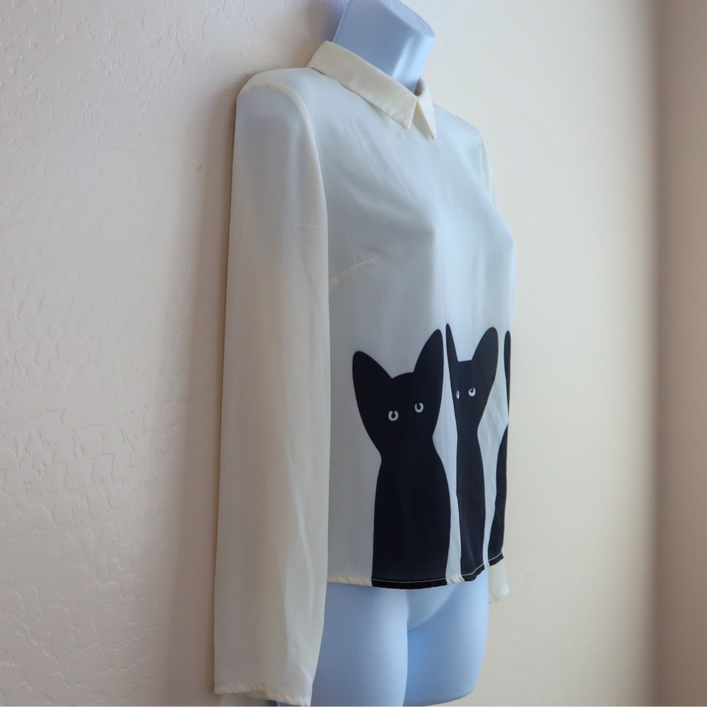 The Moon Cream Long Sleeve Chiffon Blouse Black Cat Print Collar Top Women's S - Picture 2 of 12